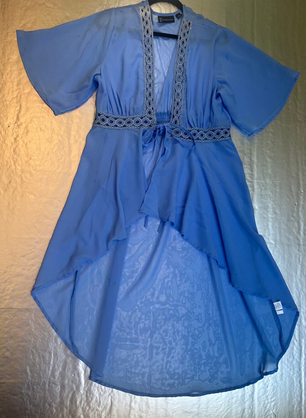 NY&Co XL Light Blue Sheer Lace Trim Kimono Tie Front High-Low Top